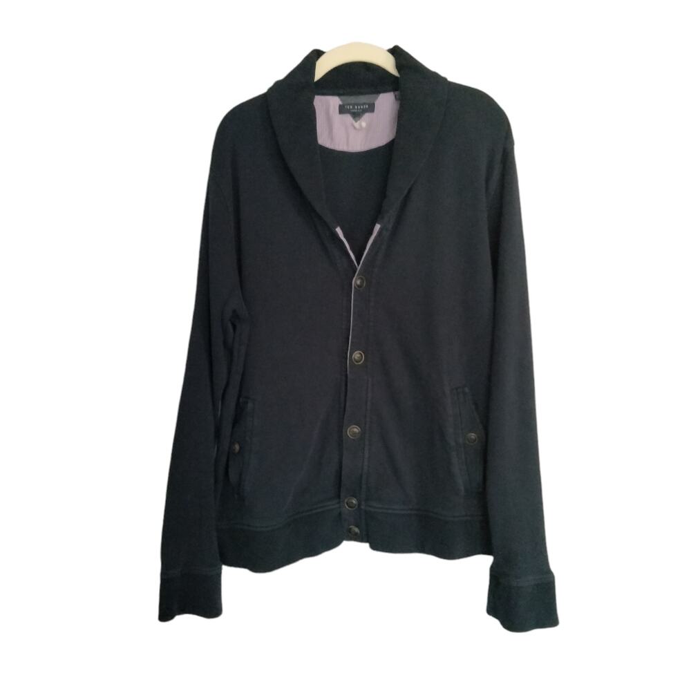 Ted Baker Size 5 Navy Button Front Shawl Collar Grandpa Sweatshirt Cardigan